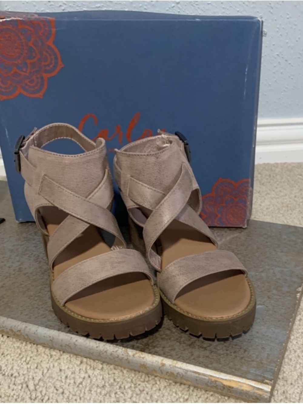 Carlos by Carlos Santana Taupe Crisscross Platform Sandals